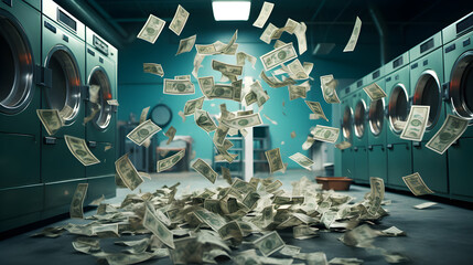 Flying money banknotes in a laundromat with washing machines, money laundering. Generative AI - obrazy, fototapety, plakaty