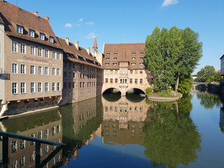 Pegnitz river in Nuremberg old town, Bavaria in Germany