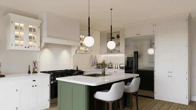 Bright kitchen in warm colors with a green island. 