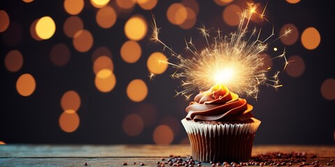 Celebration cupcake with sparkler - obrazy, fototapety, plakaty