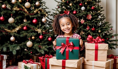 Portrait of a happy child with Christmas gift boxes and Christmas tree in background