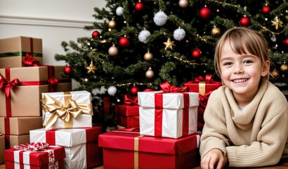 Fototapeta na wymiar Portrait of a happy child with Christmas gift boxes and Christmas tree in background