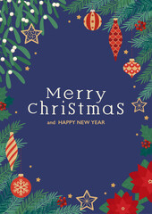 Design background frame decorated with Christmas ornaments, fir tree, mistletoe and poinsettia