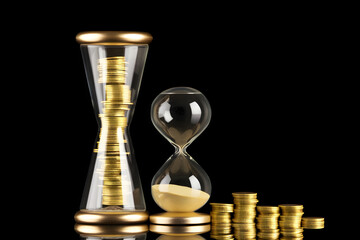 Hourglass,Sand Clocks,and golden coin, Time value wealth concept