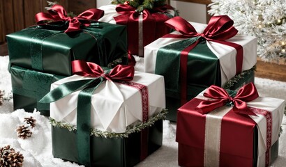 Obraz premium The red gift box and green gift box were packed and decorated with a white bow on snowy background. Christmas gift