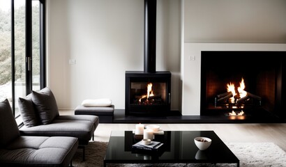  A modern, minimalistic living room with a decorative fireplace and Christmas stocking socks
