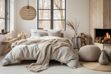 Bedroom interior decoration with Scandinavian-style, warm and cozy tone, Hygge vibe tone and minimal modern decor design.