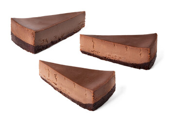 set pack of different angles slices of chocolate cheesecake on white or invisible background isolated