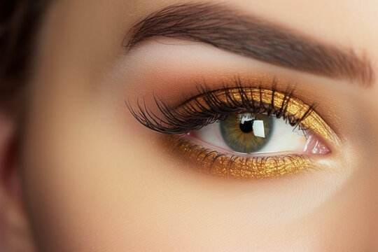 Beautiful shape of female eye with golden-brown cosmetic make-up