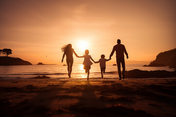 Fototapeta na wymiar family having fun together running on the beach at sunset