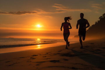 A couple running together on the beach at sunset