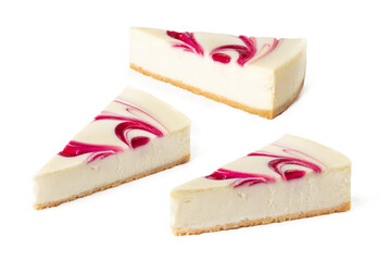 set pack of different angles slices of classical cheesecake new york strawberry or raspberry jam on white or invisible background isolated