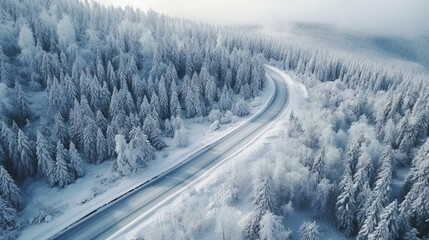 Fototapeta na wymiar A scenic winter drive with snow-covered trees and a meandering road through a forest.