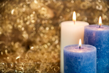 Fototapeta na wymiar Candles, Christmas Background, Golden Winter Decor