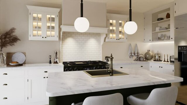 Bright kitchen in warm colors with a green island. 