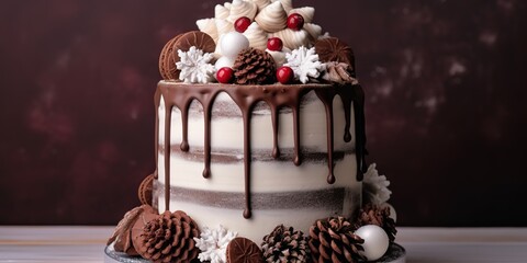 Christmas cake with flowers and chocolate. Wedding details - wedding cake. Winter cake with cones