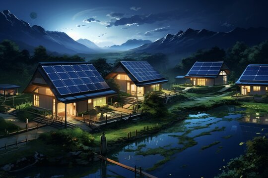 Rural houses achieve self-sufficient electricity through solar panels, even during nighttime. Generative AI
