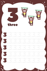 Number three. Track and record. Handwriting practice. Learning numbers for children. Educational Development Worksheet. Activity page. Game for children and preschoolers. educational cards with number