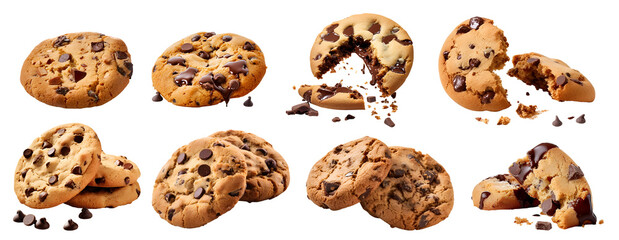 Chocolate chip cookie cookies, front view on transparent background cutout, PNG file. Many assorted different design. Mockup template for artwork.

