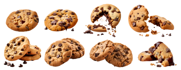 Chocolate chip cookie cookies, front view on transparent background cutout, PNG file. Many assorted different design. Mockup template for artwork.

