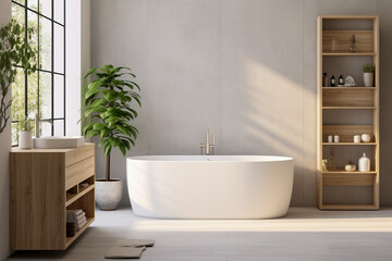 Fototapeta na wymiar Modern bathroom with wood. Minimalistic interior design