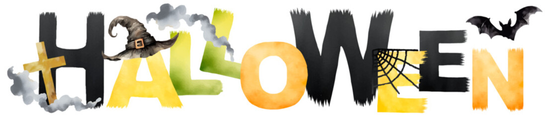 Halloween vector banner for print. Colorful Letter banner include witch hat, cross, bat, spider, spiderweb, smoke, fog. Template for greeting cards, invitation, autumn mood decoration, greeting design