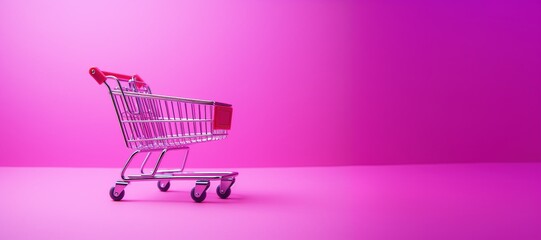 Generative AI, Viva magenta color shopping cart on magenta pink background, minimalistic shop online, free delivery, discounts and sale concept.	
