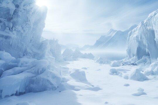 Ice-covered Antarctic landscape with snow and a chilling winter atmosphere. Generative AI
