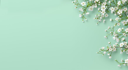Elegant pale white flower branches on a luxurious pastel green background. Printing, greeting cards, wallpapers, banners 