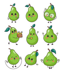Cute kawaii pear. Nice pears cartoon characters in different poses. Hand drawn style. Vector drawing. Collection of design elements.