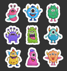 Funny cartoon monster character. Sticker Bookmark. Cute monsters for halloween. Happy creature or alien. Hand drawn style. Vector drawing. Collection of design elements.