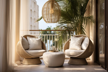 Fototapeta na wymiar Modern balcony with tropical leaves. Classic interior design light pink and golden colors