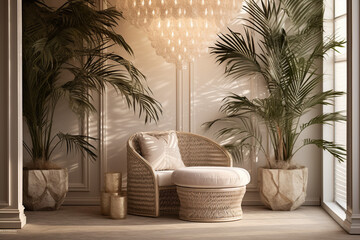 Modern balcony with tropical leaves. Classic interior design light pink and golden colors