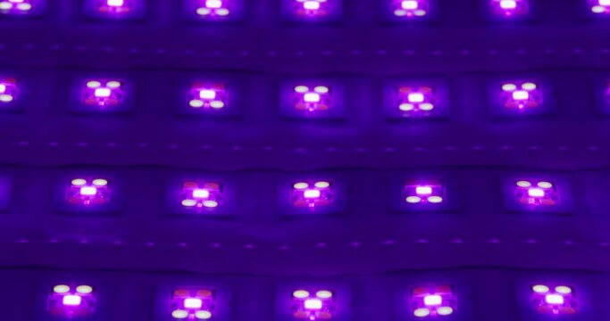 Macro shot of multicolored RGB diode blinking lights. LED colored dots led light panel with different effects.