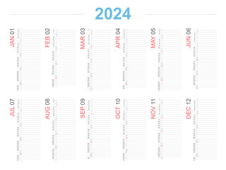Calendar 2024 Vertical Design. 2024 Simple and clear calendar. A4 and Letter printable shape planner calendar..