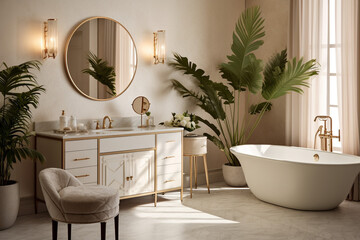 Fototapeta na wymiar Modern bathroom with tropical leaves. Classic interior design light pink and golden colors