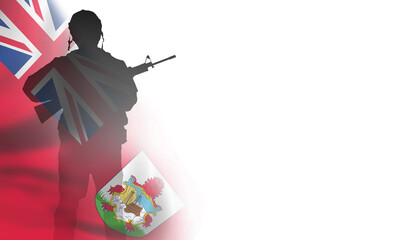 Soldier on Bermuda Islands flag background. British Commonwealth countries holiday. 3d illustration