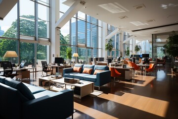 Interior of modern office building with orange armchairs. 3d rendering