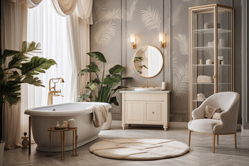 Modern bathroom with tropical leaves. Classic interior design light pink and golden colors