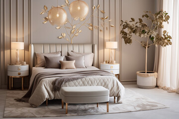 Modern bedroom with bed and tropical leaves. Classic interior design light pink and golden colors