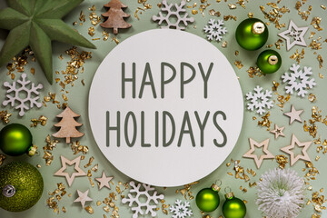 Text Happy Holidays, Green Christmas Decor, Flatlay