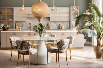 Modern kitchen with lapm and tropical leaves. Classic interior design light pink and golden colors