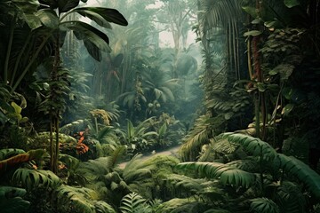 Tropical rainforest with lush foliage and earthy tones. Generative AI - obrazy, fototapety, plakaty