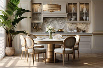 Modern kitchen with lapm and tropical leaves. Classic interior design light pink and golden colors