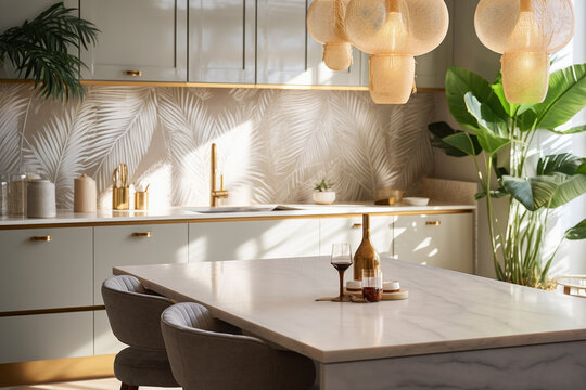 Modern kitchen with lapm and tropical leaves. Classic interior design light pink and golden colors