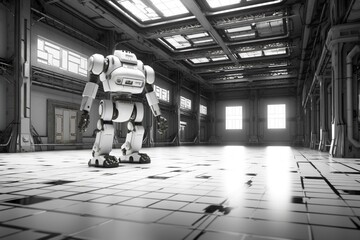 A large industrial building with a central robot on the floor and windows, rendered with ambient occlusion. Generative AI