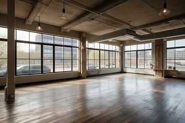 Open space in vacant loft coffee shop with wide windows and overhead lights. Generative AI