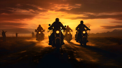 Motorcyclists on the road at sunset. 3D rendering.