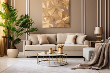 Modern living room with sofa and lamp. Classic interior design light pink and golden colors