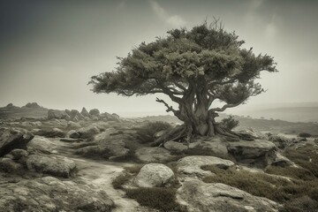 enigmatic tree on an isolated landmass. Generative AI - obrazy, fototapety, plakaty